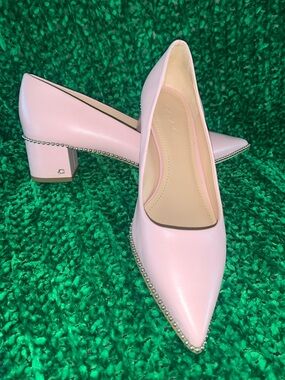 Coach Pink Leather Pointed Block Heel Pumps with Beaded Trim